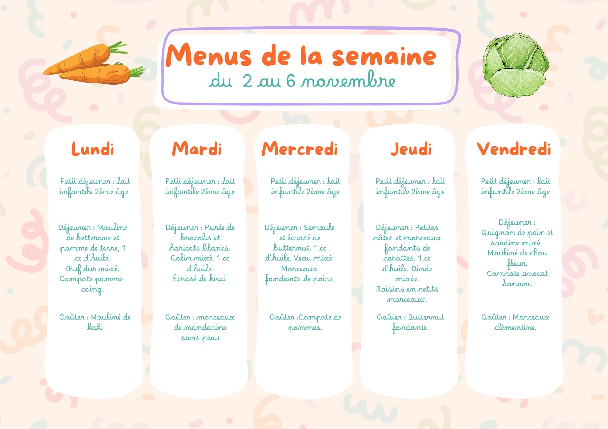 Exemple de menu de la semaine adapté à un bébé de 8 mois, avec des purées et textures évolutives selon les saisons